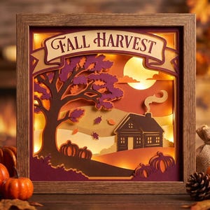 May include: A square wooden shadow box featuring a layered paper cut-out scene with the text FALL HARVEST. The illuminated display shows a dark tree, a house with smoke, pumpkins, and a full moon against an orange and purple background.