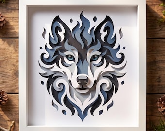 3D Wolf Shadow Box SVG, Layered Wolf Head Papercut Template