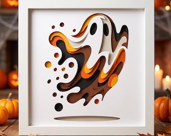 3D Ghost Shadow Box SVG, Melting Ghost Layered Papercut, Autumn Halloween Decor