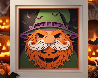 Halloween Gnome Shadow Box SVG, 3D Pumpkin Papercut, Witch Hat Layered Cut File
