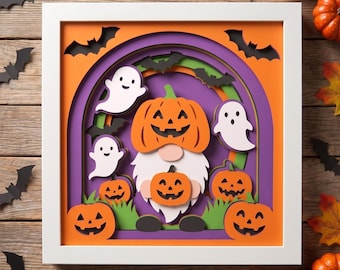 Halloween Gnome Shadow Box SVG, 3D Layered Pumpkin Papercut, Ghost & Bat Light Box