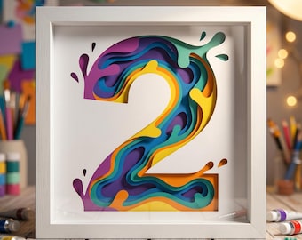 Number 2 3D Shadow Box SVG, Colorful Splash Effect Layered Cut File (Digital Download)