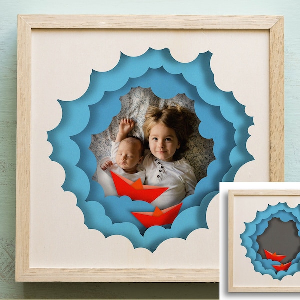 3d Cloudy Frame Shadow Box, Files for cricut, for Silhouette, CNC cutting, Svg, Dwg, Dxf, Ai, Eps, Pdf, Png Formats