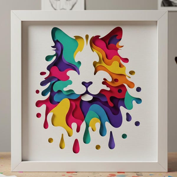 3d Cat, Shadow Box Templates / SVG For Cardstock / 3D Cat Shadow Box / 3d Colorful Cat / Pet Memorial Box / For Cricut / For Silhouette