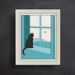 Superposition de chat dans la fenêtre, modèles Shadow Box, papier découpé, art bohème, Svg Shadow Box, pour Cricut, création de papier 3D, fichiers découpés au laser