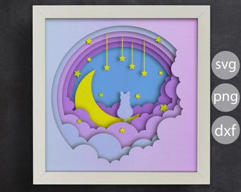 3D Cat an Moon, Shadow Box Svg, 3D-landschap Svg, papier gesneden sjabloon, schattige kat, gelaagde kat, voor Cricut, laser, gebruiksvriendelijk