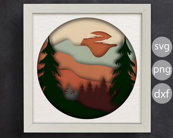 Caja de sombras de montaña 3D, SVG de paisaje 3D, SVG en capas, paisaje 3D, archivos para Cricut, Silhouette, corte CNC, formatos SVG, DXF, EPS y PNG