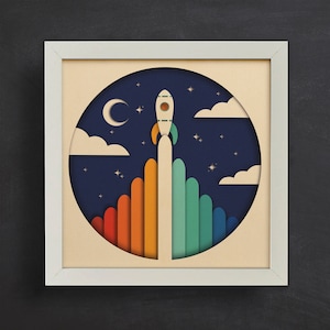 Scatola delle ombre dei razzi spaziali 3D, file per cricut, per Silhouette, file tagliati al laser, taglio CNC, formati Svg, Dxf, Eps, Png