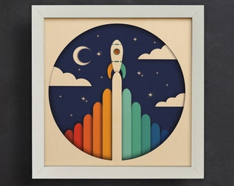 3d Space Rockets Shadow Box, Files for cricut, for Silhouette, Laser Cut Files, CNC cutting, Svg, Dxf, Eps, Png Formats