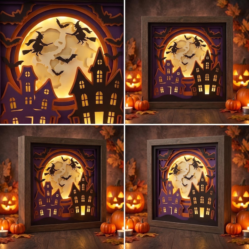 May include: A square shadow box featuring a layered paper cutout scene of a haunted house and witches flying on broomsticks against a large, illuminated full moon. The design uses purple and black silhouettes with warm yellow backlighting.