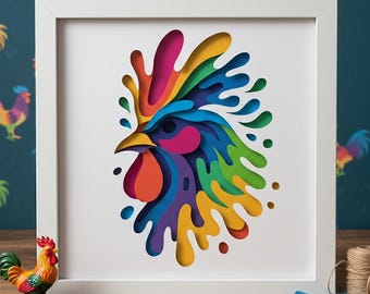 Gelaagde haan Shadow Box SVG, 3D-boerderij papierkunst, kleurrijke kip lichtbak sjabloon voor Cricut, rustieke boerderijdieren gesneden bestand
