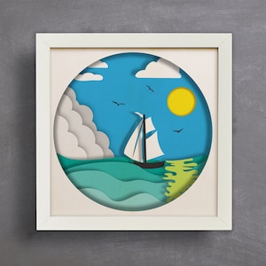 Voilier 3D dans la mer, Shadow Box Svg, paysage 3D papercut, calques de silhouette 3D, fichiers SVG à téléchargement numérique, Shadow Box SVG, pour Cricut