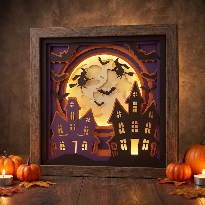 May include: A square wooden shadow box featuring a layered paper cut-out scene of a haunted house, flying witches, and bats silhouetted against a glowing yellow full moon. The internal light illuminates the scene, creating depth and contrast.