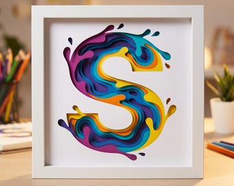 3D Letter S SVG, Layered Alphabet Shadow Box, Splash Initial Cut File for Cricut, Liquid Typography Monogram Vector, Papercut Design