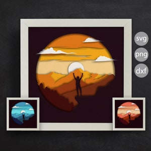 3d Sunset and Mountain View, Shadow Box Templates, Files for cricut, for Silhouette, Easy to Use