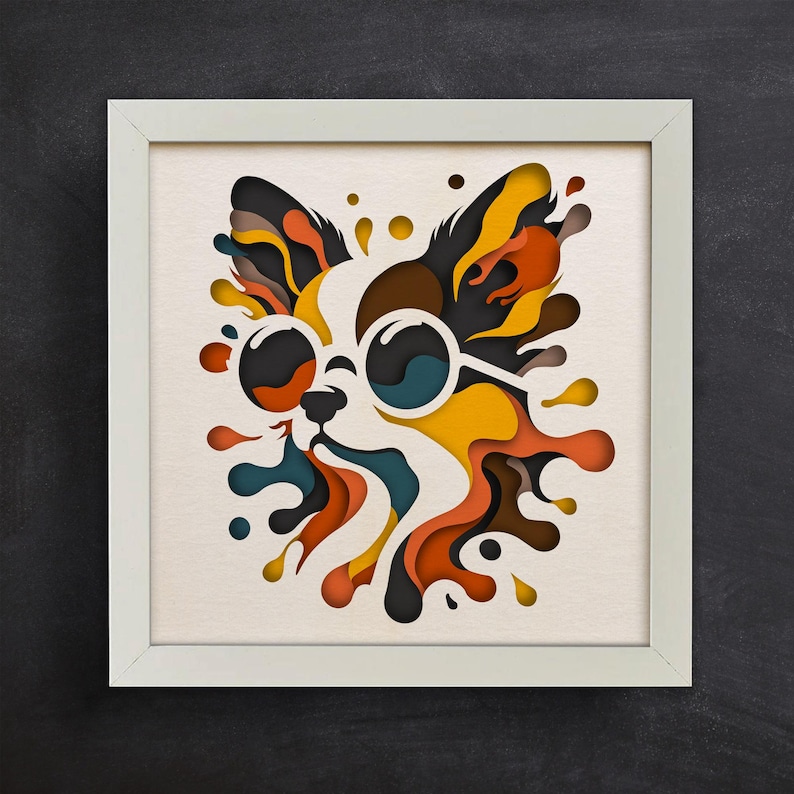 May include: A colorful paper cut-out of a dog wearing sunglasses. The dog's fur is a mix of brown, orange, yellow, and blue. The background is white.