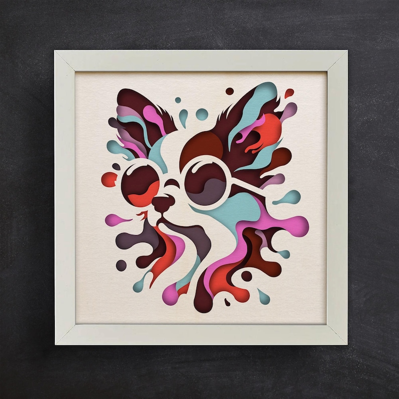 May include: A colorful paper cut-out of a dog wearing sunglasses. The dog's fur is a mix of pink, red, blue, and brown. The background is white.