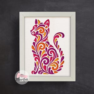 May include: A framed art print featuring a stylized cat silhouette. The cat is filled with a swirling, floral-like pattern in shades of pink, orange, and yellow. The artwork is set against a white background within a white frame.