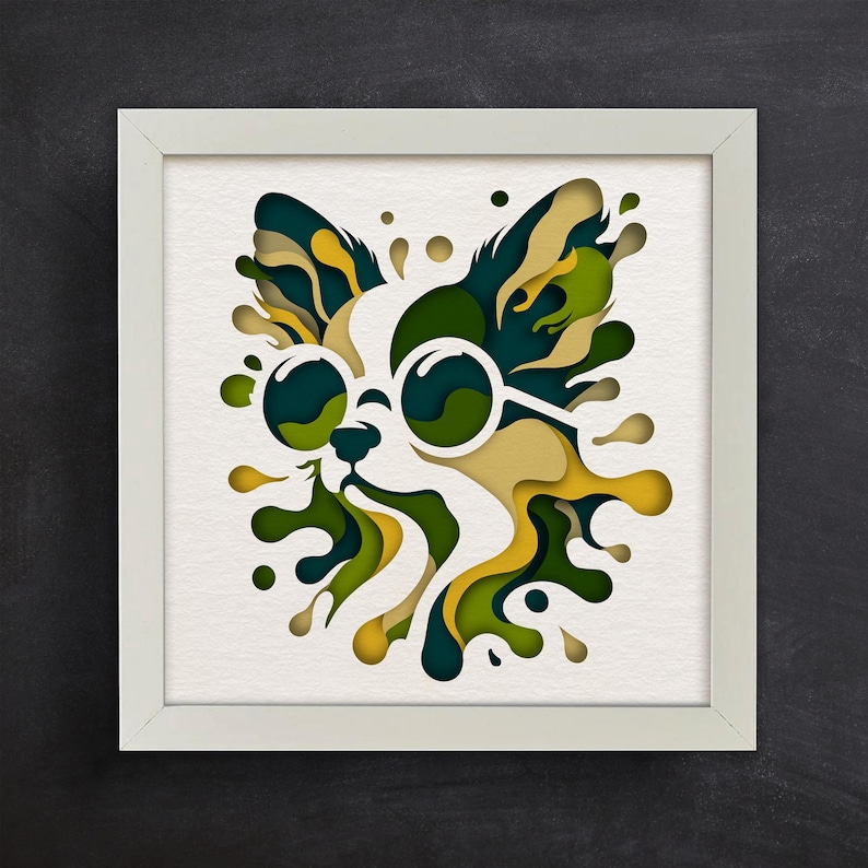 May include: A white frame with a paper cut-out of a dog wearing sunglasses. The dog is surrounded by green and yellow splatter patterns.