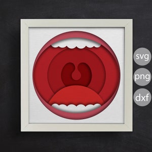 Pode incluir: Um recorte de papel vermelho de uma boca aberta com dentes brancos e um design em camadas. A boca está enquadrada em uma moldura branca.