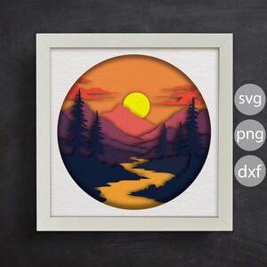 Montagne 3D, Svg paysage 3D, Coucher de soleil 3D, Svg en couches, fichiers pour cricut, pour Silhouette, découpe CNC, formats Svg, Dxf, Eps, Png