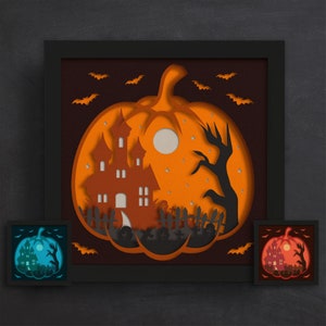 Scena di zucca 3D, Shadow Box, Halloween 3D SVG, Testa di zucca, Spettrale 3D SVG, per Cricut, per Silhouette, taglio CNC