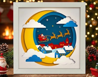 3D Christmas Shadow Box SVG, Santa Sleigh Layered Papercut, Winter Village Cricut File