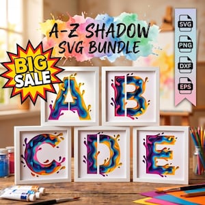 May include: A digital graphic titled A-Z SHADOW SVG BUNDLE featuring five white square frames containing the letters A, B, C, D, and E. Each letter displays a multi-layered, colourful, liquid-like effect in blue, purple, orange, and yellow.