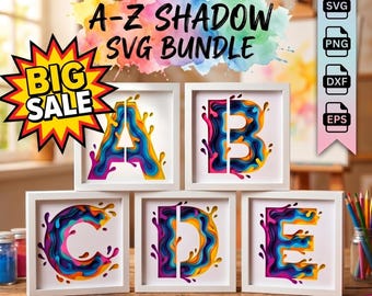 Alphabet 3D Shadow Box SVG Bundle, Layered Letter A-Z Monogram Papercut, Colorful Liquid Splash Cut File for Cricut & Silhouette