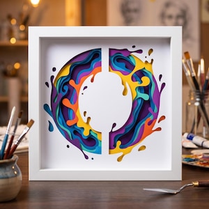 May include: A square white frame containing a layered paper art piece featuring a circular design. The center is a white negative space shaped like the letter O, surrounded by concentric, wavy cutouts in vibrant shades of purple, blue, and yellow.