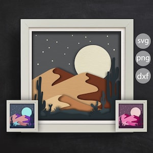 3D Desert Shadow Box, 3D Landscape Papercut, Warstwy sylwetki 3D, Pliki do pobrania SVG Digital, Shadow Box SVG, Dla Cricut, Lightbox