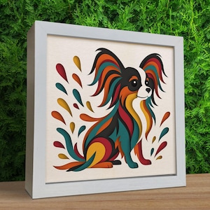 Papillon hond 3D Shadow Box SVG | Kleurrijke papercutkunst, gelaagd karton voor de Cricut en silhouet huisdierherdenkingscadeau