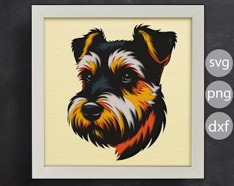 May include: A colorful illustration of a miniature schnauzer dog with black, white, orange, and yellow fur. The dog's head is facing the left side of the image. The background is a light yellow.