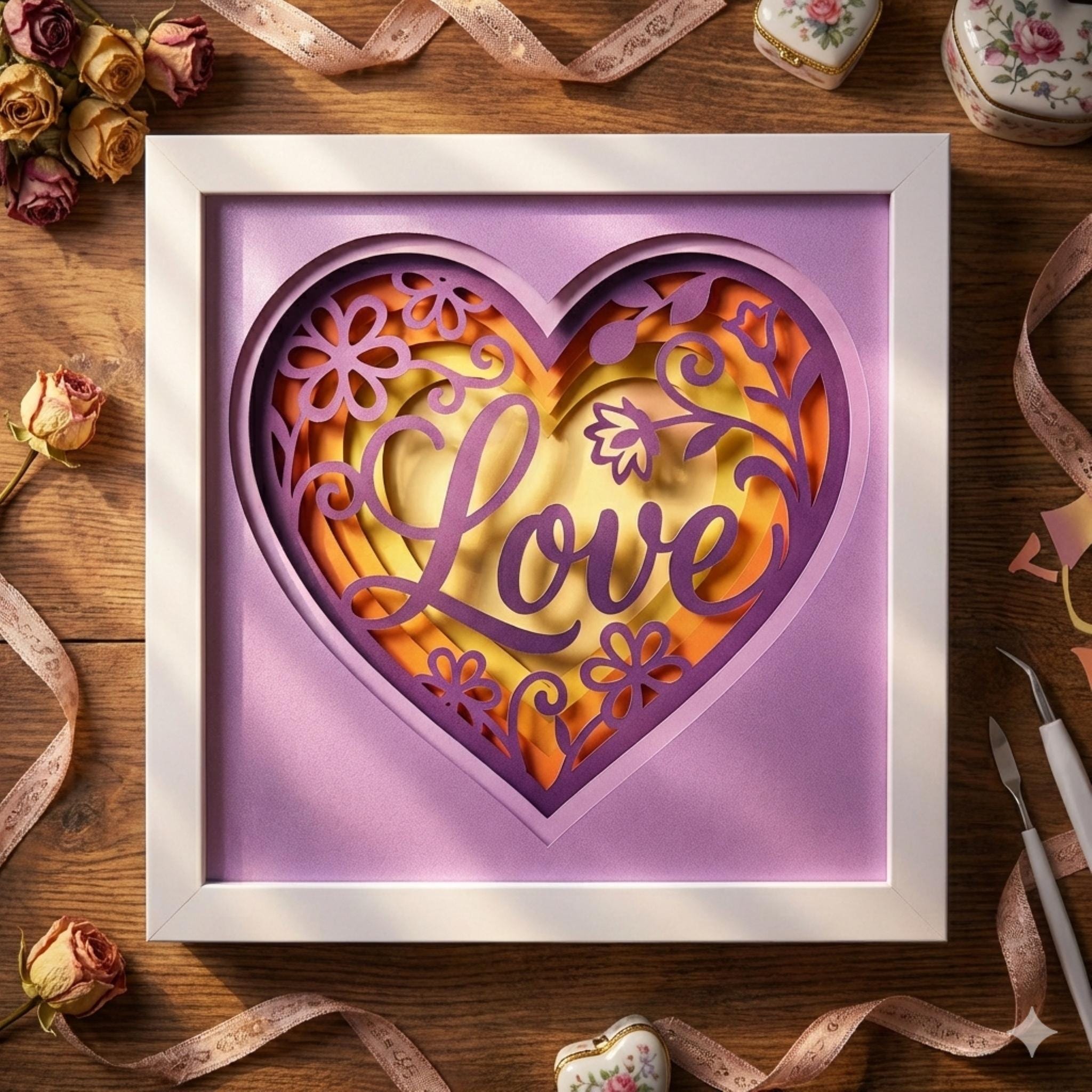 3D Love Heart Shadow Box SVG, Layered Floral Papercut Template ...