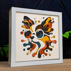 May include: A white framed picture with a colorful paper cut-out design of a dog wearing sunglasses. The dog is surrounded by colorful abstract shapes.