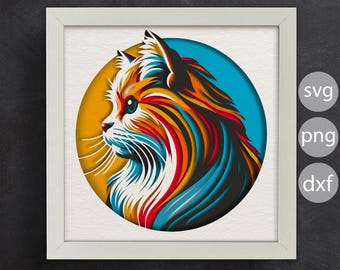 Peut inclure: Une illustration stylisée et colorée d'une tête de chat de profil, avec un schéma de couleurs jaune, rouge, bleu et blanc. La fourrure du chat est représentée par des lignes superposées et superposées, créant un effet 3D.