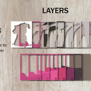 May include: A layered papercraft project with the word "Batley" and the word "LAYERS" at the top. The project is made up of 15 layers, each with a different color and shape. The layers are numbered 1 through 15.