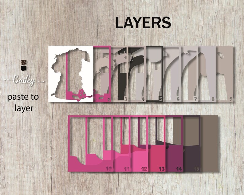 May include: A layered papercraft project with the word "Batley" and the word "LAYERS" at the top. The project is made up of 15 layers, each with a different color and shape. The layers are numbered 1 through 15.