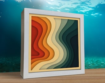 Scatola delle ombre con onde astratte a strati SVG - File di taglio cartaceo 3D per Cricut e Laser - Arte murale sfumata retrò per l'arredamento della casa