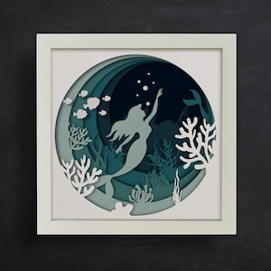 3D sous-marin et sirène SVG, modèles de boîte d'ombre, mer en couches, aquarium 3d, fichiers pour cricut, pour silhouette, fichiers découpés au laser