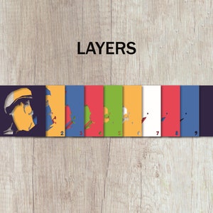 May include: Nine layers of a colorful illustration of a person's face. The layers are numbered 1 through 9. The first layer is a dark blue background, the second layer is yellow, the third layer is blue, the fourth layer is red, the fifth layer is green, the sixth layer is yellow, the seventh layer is white, the eighth layer is red, the ninth layer is blue, and the final layer is dark blue.