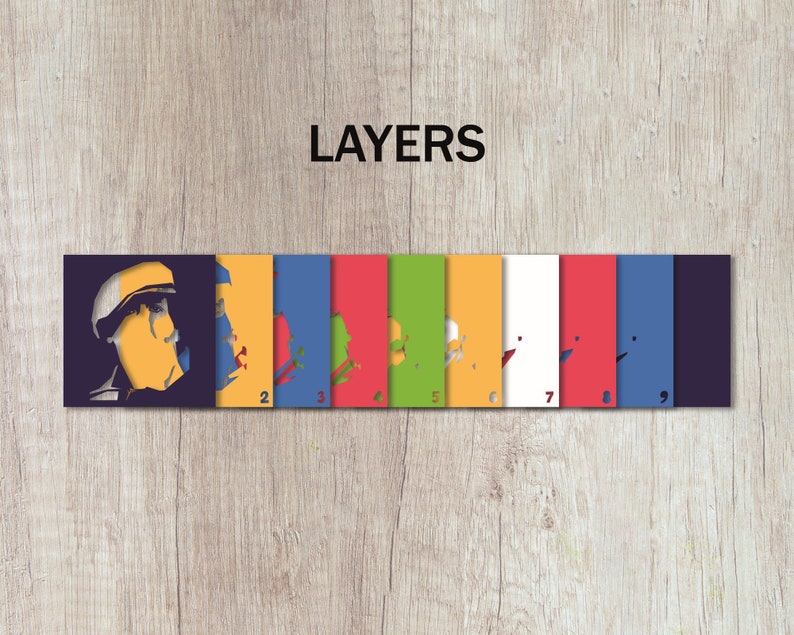 May include: Nine layers of a colorful illustration of a person's face. The layers are numbered 1 through 9. The first layer is a dark blue background, the second layer is yellow, the third layer is blue, the fourth layer is red, the fifth layer is green, the sixth layer is yellow, the seventh layer is white, the eighth layer is red, the ninth layer is blue, and the final layer is dark blue.