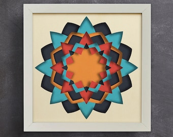 Plantilla SVG de caja de sombras con mandala 3D, diseño geométrico de corte de papel en capas para Cricut y Silhouette, arte de caja de luz colorida, regalo de decoración para el hogar