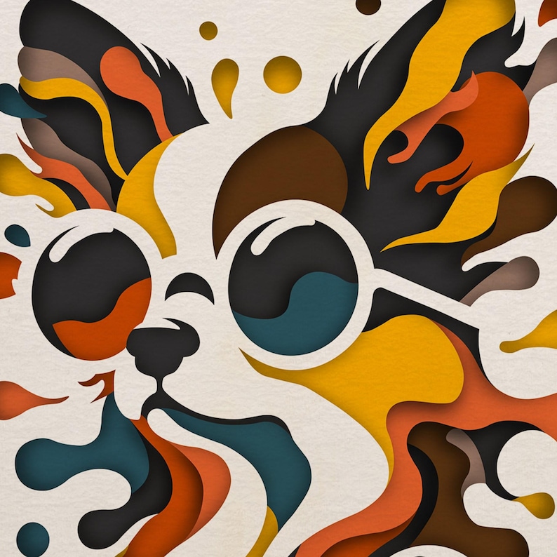 May include: A colorful paper cut-out illustration of a dog wearing round sunglasses. The dog's fur is depicted in shades of brown, orange, and yellow, with a white face and black nose. The background is a white paper surface.