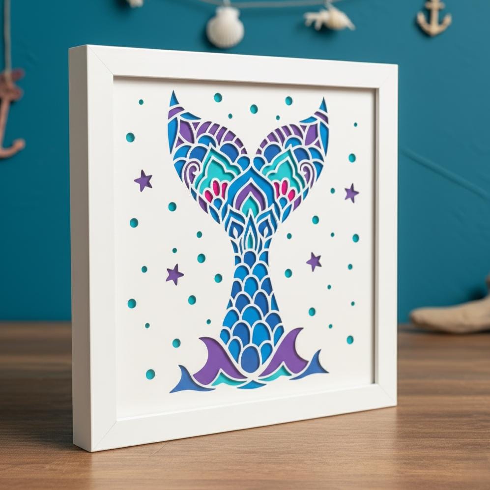 3D Mermaid Tail Shadow Box SVG, Layered Mandala Light Box Template ...