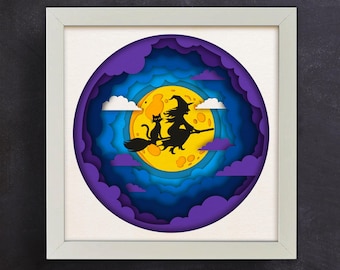 Caja de sombras de bruja SVG: Arte de papel de Halloween con luna y gato (descarga digital)