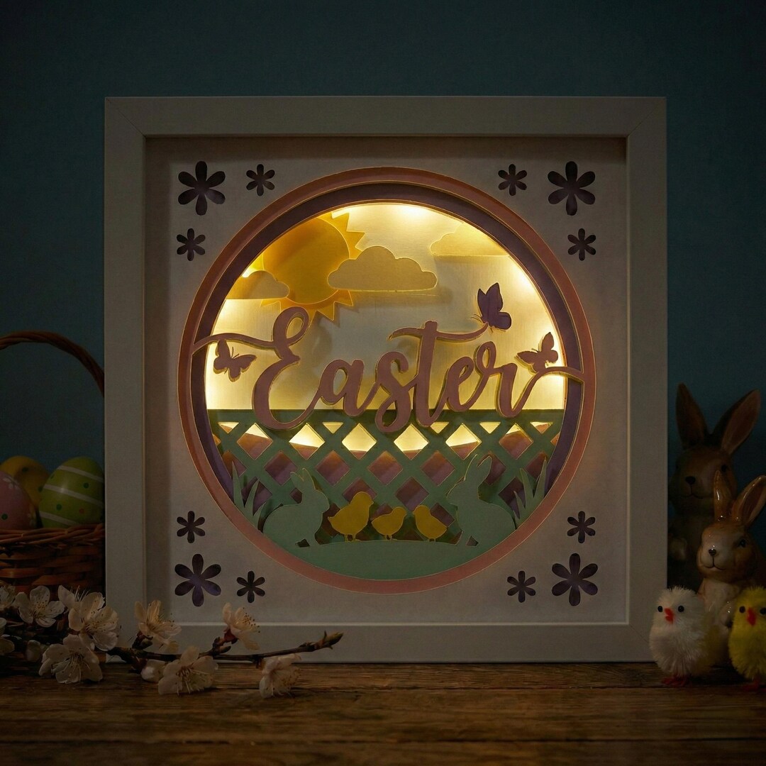 3D Easter Light Box SVG, Layered Spring Papercut, Bunny Scene Lightbox ...