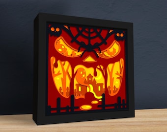 3D Haunted Pumpkin Shadow Box SVG, Halloween layered papercut design for Cricut & Silhouette, spooky ghost wall art, Halloween decor