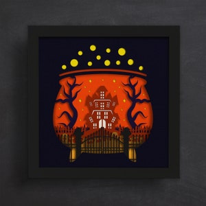 3d Witch Cauldron Halloween, Shadow Box, Spooky House Svg, Layered Paper Art, for cricut, for Silhouette, Laser Cut Files