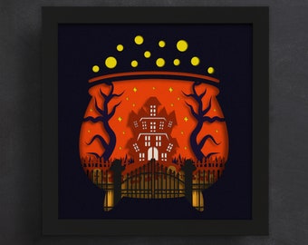3d Witch Cauldron Halloween, Shadow Box, Spooky House Svg, Layered Paper Art, for cricut, for Silhouette, Laser Cut Files